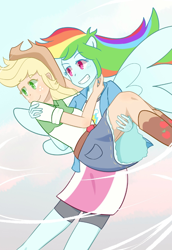 Size: 1024x1488 | Tagged: safe, artist:yuck, character:applejack, character:rainbow dash, ship:appledash, my little pony:equestria girls, carrying, clothing, female, lesbian, ponied up, shipping, skirt, wings