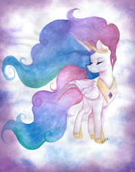 Size: 1024x1303 | Tagged: safe, artist:mindlesssketching, character:princess celestia, species:pony, eyes closed, female, solo, traditional art, watercolor painting