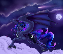 Size: 1744x1488 | Tagged: safe, artist:crazyaniknowit, character:princess luna, species:pony, bat wings, female, hybrid wings, moon, solo