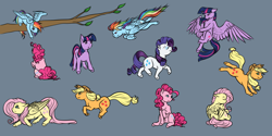 Size: 1440x720 | Tagged: safe, artist:crazyaniknowit, character:applejack, character:fluttershy, character:pinkie pie, character:rainbow dash, character:rarity, character:twilight sparkle, character:twilight sparkle (alicorn), species:alicorn, species:earth pony, species:pegasus, species:pony, species:unicorn, chibi, clothing, cowboy hat, cute, female, flying, hat, mane six, mare