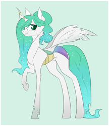 Size: 1894x2190 | Tagged: safe, artist:holoriot, oc, oc only, oc:nymph, parent:princess celestia, parent:queen chrysalis, parents:chryslestia, female, hybrid, magical lesbian spawn, offspring, raised hoof, simple background, solo