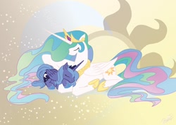 Size: 1280x905 | Tagged: safe, artist:dawnallies, character:princess celestia, character:princess luna, species:alicorn, species:pony, g4, abstract background, cute, eyes closed, female, filly, lunabetes, mare, prone, s1 luna, sleeping, sun, woona, younger