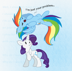 Size: 875x863 | Tagged: safe, artist:mellowyellowpony, artist:selective-yellow, character:rainbow dash, character:rarity, species:pegasus, species:pony, species:unicorn, ship:raridash, g4, abstract background, adventure time, crossover, female, i'm just your problem, lesbian, mare, photoshop, reference, shipping, singing, what was missing