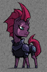 Size: 660x1000 | Tagged: safe, artist:dalapony, character:tempest shadow, species:pony, species:unicorn, my little pony: the movie (2017), abstract background, armor, broken horn, eye scar, female, frown, scar, solo, style emulation, the legend of zelda, the legend of zelda: the wind waker