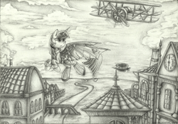 Size: 1024x717 | Tagged: safe, artist:moonlightfl, character:twilight sparkle, biplane, steampunk, traditional art