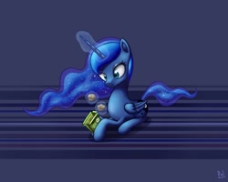 Size: 1000x800 | Tagged: dead source, safe, artist:polkin, character:princess luna, species:alicorn, species:pony, female, glowing horn, horn, levitation, magic, mare, muffin, solo, telekinesis