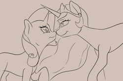 Size: 3541x2339 | Tagged: safe, artist:nudeknightart, character:princess celestia, character:rarity, species:alicorn, species:pony, species:unicorn, ship:rarilestia, female, lesbian, looking at each other, mare, monochrome, shipping, smiling