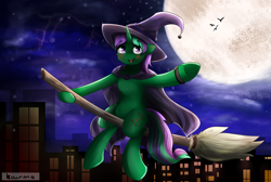 Size: 3711x2497 | Tagged: safe, artist:kourma, oc, oc only, oc:buggy code, species:pony, species:unicorn, broom, flying, flying broomstick, halloween, holiday, male, moon, sky, solo, witch, ych result