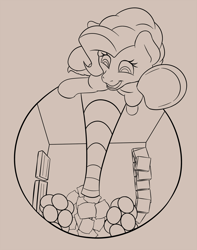 Size: 1259x1600 | Tagged: safe, artist:nudeknightart, character:pinkie pie, species:pony, balloon, monochrome, party planning, pillow, slide