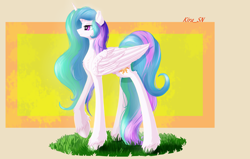 Size: 3200x2030 | Tagged: safe, artist:kirasunnight, character:princess celestia, species:alicorn, species:pony, beautiful, chest fluff, female, folded wings, grass, lidded eyes, mare, missing accessory, multicolored hair, praise the sun, purple eyes, raised hoof, royalty, smiling, solo, unshorn fetlocks