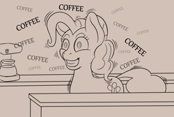Size: 3168x2142 | Tagged: safe, artist:nudeknightart, character:pinkie pie, species:earth pony, species:pony, coffee, female, hypercaffinated, mare, monochrome, pinkie found the coffee, shaking, solo, vibrating, xk-class end-of-the-world scenario