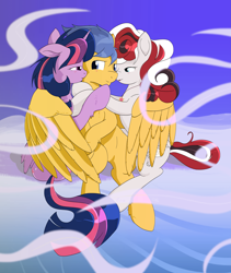 Size: 3043x3600 | Tagged: safe, artist:stec-corduroyroad, character:flash sentry, character:twilight sparkle, oc, oc:bridle timeout, species:alicorn, species:pegasus, species:pony, ship:flashlight, bisexual, blushing, bridleflashlight, canon x oc, cloud, commission, female, hug, kissing, lesbian, male, polyamory, shipping, sky, straight, wings