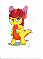 Size: 2550x3509 | Tagged: safe, artist:rameslack, character:apple bloom, species:dragon, apple, dragon bloom, dragonified, female, solo, species swap, traditional art