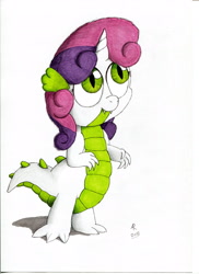 Size: 2550x3509 | Tagged: safe, artist:rameslack, character:sweetie belle, species:dragon, dragonified, female, horn, solo, species swap, sweetie dragon, traditional art