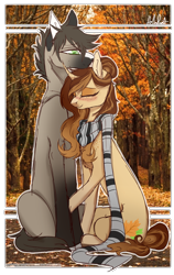 Size: 1160x1833 | Tagged: safe, artist:holoriot, oc, oc only, oc:autumn breeze, oc:stephen, species:earth pony, species:pony, species:unicorn, blushing, clothing, female, freckles, male, mare, scarf, shoulder freckles, sitting, stallion