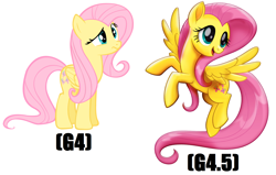 Size: 1716x1094 | Tagged: safe, artist:shelmo69, character:fluttershy, species:pegasus, species:pony, my little pony: the movie (2017), comparison, female, flying, mare, movie accurate, raised hoof, simple background, spread wings, standing, white background, wings
