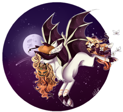 Size: 1348x1225 | Tagged: safe, artist:holoriot, oc, oc only, species:bat pony, species:pony, clothing, female, flower, flying, halloween, hat, holiday, mare, moon, night, solo