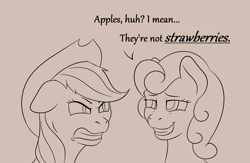 Size: 3553x2321 | Tagged: safe, artist:nudeknightart, character:applejack, character:strawberry sunrise, species:earth pony, species:pegasus, species:pony, brown background, dialogue, female, grin, mare, monochrome, scowl, simple background, smiling, smug, strawberry savage, troll