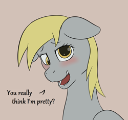 Size: 2508x2362 | Tagged: safe, artist:nudeknightart, character:derpy hooves, species:pegasus, species:pony, blushing, brown background, cute, derpabetes, dialogue, ditzy doo, female, mare, shy, simple background, solo