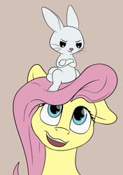 Size: 2233x3174 | Tagged: safe, artist:nudeknightart, character:angel bunny, character:fluttershy, species:pony, brown background, bust, crossed arms, cute, female, gray background, grin, looking at each other, mare, open mouth, shyabetes, simple background, sitting on head, smiling, smirk
