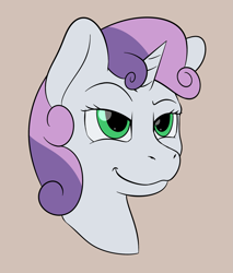 Size: 1881x2207 | Tagged: safe, artist:nudeknightart, character:sweetie belle, species:pony, species:unicorn, brown background, bust, cocked eyebrow, female, filly, mare, simple background, smiling, smirk, smug, solo