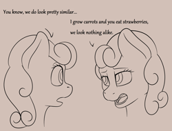 Size: 3348x2545 | Tagged: safe, artist:nudeknightart, character:carrot top, character:golden harvest, character:strawberry sunrise, species:earth pony, species:pegasus, species:pony, brown background, bust, dialogue, female, mare, monochrome, similarities, simple background