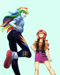 Size: 1500x1877 | Tagged: safe, artist:invisibleone11, character:rainbow dash, character:sunset shimmer, g4, my little pony: equestria girls, my little pony:equestria girls, clothing, converse, duo, female, hand on hip, hands in pockets, hoodie, jacket, leather jacket, legs, long hair, open mouth, rainbutt dash, running, shoes, simple background, skirt, smiling, sneakers