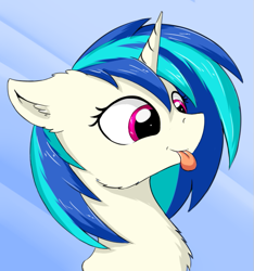 Size: 589x630 | Tagged: safe, artist:wolfypon, character:dj pon-3, character:vinyl scratch, species:pony, species:unicorn, abstract background, blep, bust, cheek fluff, chest fluff, ear fluff, female, fluffy, mare, missing accessory, no glasses, silly, smiling, solo, tongue out
