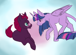 Size: 1024x742 | Tagged: safe, artist:uniquecolorchaos, character:fizzlepop berrytwist, character:tempest shadow, character:twilight sparkle, character:twilight sparkle (alicorn), species:alicorn, species:pony, ship:tempestlight, my little pony: the movie (2017), blushing, chest fluff, curved horn, female, lesbian, prone, shipping, smiling