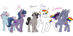 Size: 1024x512 | Tagged: safe, artist:uniquecolorchaos, species:earth pony, species:pegasus, species:pony, species:unicorn, asexual, asexual pride flag, bisexual pride flag, bisexuality, female, gay, gay pride flag, homosexuality, lesbian, male, mare, ponified, pride, sexuality, simple background, stallion, transgender, transgender pride flag, white background