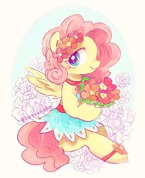 Size: 678x832 | Tagged: safe, artist:osawari64, character:fluttershy, species:pegasus, species:pony, alternate hairstyle, bouquet, clothing, cute, dress, female, flower, flower in hair, looking at you, mare, profile, shyabetes, sitting, skirt, smiling, solo, spread wings, wings