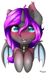 Size: 555x856 | Tagged: safe, artist:kourma, oc, oc only, species:alicorn, species:bat pony, species:pony, alicorn oc, blushing, bust, collar, cute, ear fluff, female, fluffy, looking at you, open mouth, simple background, smiling, solo, transparent background, ych result