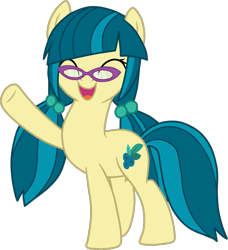 Size: 1433x1568 | Tagged: safe, artist:luckyclau, character:juniper montage, species:earth pony, species:pony, cute, equestria girls ponified, eyes closed, female, glasses, junibetes, mare, open mouth, ponified, raised hoof, simple background, smiling, solo, transparent background, waving