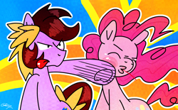 Size: 3548x2200 | Tagged: safe, artist:stec-corduroyroad, character:pinkie pie, oc, oc:corduroy road, species:earth pony, species:pony, abuse, blood, female, male, mare, pinkiebuse, punch, stallion, tongue out