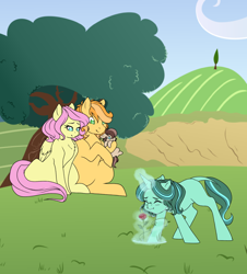 Size: 1024x1132 | Tagged: safe, artist:uniquecolorchaos, character:braeburn, character:fluttershy, oc, oc:flora ivy, oc:silver star, parent:braeburn, parent:fluttershy, parents:braeshy, species:pony, species:unicorn, ship:braeshy, female, filly, flower, leonine tail, magic, male, offspring, shipping, straight