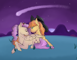 Size: 1024x801 | Tagged: safe, artist:uniquecolorchaos, character:braeburn, character:fluttershy, species:pony, ship:braeshy, clothing, female, hat, male, night, prone, shipping, straight