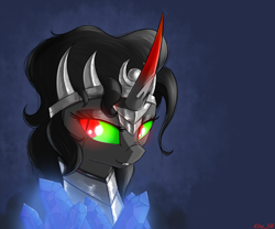 Size: 1866x1554 | Tagged: safe, artist:kirasunnight, character:king sombra, species:pony, species:unicorn, black hair, black mane, bust, crown, crystal, female, glowing eyes, green eyes, jewelry, mare, queen umbra, red eyes, regalia, rule 63, smiling, solo