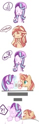 Size: 382x1199 | Tagged: safe, artist:yuck, character:starlight glimmer, character:sunset shimmer, species:human, species:pony, species:unicorn, ship:shimmerglimmer, my little pony:equestria girls, comic, dream, drink, female, glowing horn, lesbian, shipping, sleeping, toasting