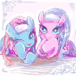 Size: 1273x1280 | Tagged: safe, artist:osawari64, character:aloe, character:lotus blossom, species:earth pony, species:pony, cute, duo, female, looking at you, mare, spa twins, tongue out