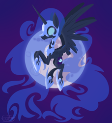Size: 2148x2357 | Tagged: safe, artist:cuttycommando, character:nightmare moon, character:princess luna, species:alicorn, species:pony, armor, cutie mark, female, flying, full moon, hooves, horn, lineless, mare, moon, solo, spread wings, wings
