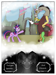 Size: 850x1150 | Tagged: safe, artist:leffenkitty, character:discord, character:twilight sparkle, oc, oc:kismet, species:pony, comic:prospect of tranquility, comic