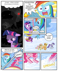 Size: 1250x1550 | Tagged: safe, artist:leffenkitty, character:applejack, character:discord, character:fluttershy, character:pinkie pie, character:rainbow dash, character:rarity, character:twilight sparkle, species:pony, comic:prospect of tranquility, cloudsdale, comic, hot air balloon, mane six, twinkling balloon