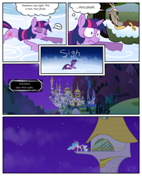 Size: 1250x1550 | Tagged: safe, artist:leffenkitty, character:discord, character:princess celestia, character:twilight sparkle, species:pony, comic:prospect of tranquility, canterlot, cloudsdale, comic