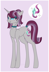 Size: 1529x2216 | Tagged: safe, artist:holoriot, oc, oc only, oc:jinx, parent:maud pie, parent:starlight glimmer, parents:starmaud, species:pony, species:unicorn, choker, eyeshadow, female, magical lesbian spawn, makeup, mare, offspring, purple background, simple background, solo