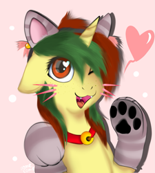 Size: 1079x1200 | Tagged: safe, alternate version, artist:homecome, oc, oc only, oc:northern spring, species:pony, species:unicorn, bell, bell collar, cat ears, cat paws, collar, fangs, female, floppy ears, freckles, headband, heart, heart eyes, one eye closed, open mouth, paw gloves, paw prints, solo, whiskers, wingding eyes, wink, ych result