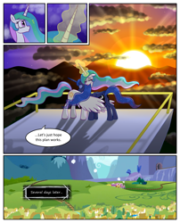 Size: 1250x1550 | Tagged: safe, artist:leffenkitty, character:princess celestia, character:princess luna, species:pony, comic:prospect of tranquility, comic, friendship express, glowing horn, hug, sunrise, train, winghug