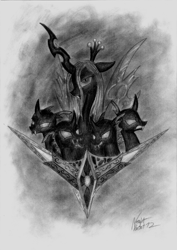 Size: 2390x3370 | Tagged: safe, artist:nightpaint12, character:queen chrysalis, species:changeling, changeling queen, female, grayscale, monochrome, traditional art