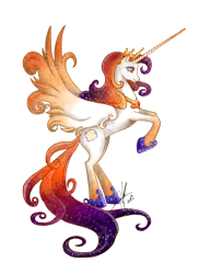 Size: 1200x1650 | Tagged: safe, artist:ladyamaltea, oc, oc only, oc:queen galaxia, species:alicorn, species:pony, alicorn oc, crown, ethereal mane, female, galaxy mane, jewelry, long horn, mare, previous generation, queen, rearing, regalia, simple background, transparent background