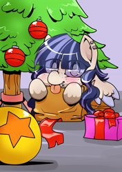 Size: 2480x3507 | Tagged: safe, artist:apolo18, oc, oc only, species:pegasus, species:pony, ball, bauble, blep, box, christmas, christmas tree, ear piercing, holiday, pegasus oc, piercing, pony in a box, present, solo, tongue out, tree, wings, ych result