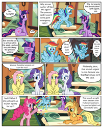 Size: 1250x1550 | Tagged: safe, artist:leffenkitty, character:applejack, character:fluttershy, character:pinkie pie, character:rainbow dash, character:rarity, character:twilight sparkle, species:pony, comic:prospect of tranquility, comic, friendship express, mane six